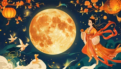 Wall Mural - Celebrating the Mid-Autumn Festival with Changes Enchanting Journey to the Moon in Traditional Chinese Illustration