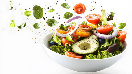 Wall Mural - Salad with fresh vegetables and avocado falling into a plate on isolated white background