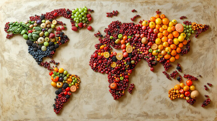 A world map of Fruits and vegetables on a light background. World Vegan Day