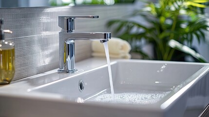 A bright, modern sink with hands washing under running water, promoting cleanliness and hygiene.