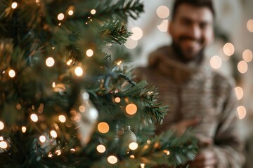 Canvas Print - Man interacting with friends christmas christmas tree festival.