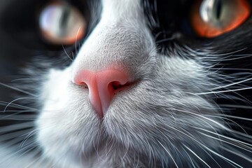 Black and white cat showing pink nose