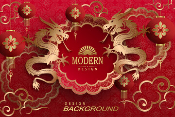 Wall Mural - Gorgeous red background with a round frame and golden dragons.