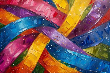Poster - Vibrant abstract painting showcasing colorful ribbons twisting through a starry background in a lively artistic expression