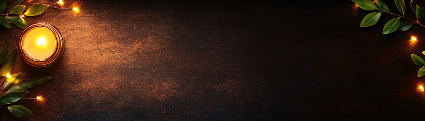 Wall Mural - a candle is lit on a table with a leafy background. the candle is surrounded by a dark background, w