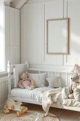 Wall Mural - Minimalist Cozy Nursery Interior with Blank White Frame and Soft Plush Toys