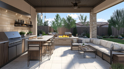 Wall Mural - A spacious patio with a luxury outdoor kitchen, complete with stainless steel appliances, a bar counter, and a fire pit for cozy evenings

