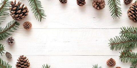 Wall Mural - Capture the essence of the holiday season with this festive winter background featuring pine cones and evergreen branches arranged on a clean, white wooden surface. Perfect for seasonal designs.