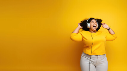 Canvas Print - photo of a happy chubby woman wearing earphones.