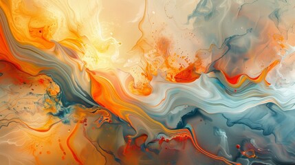 Abstract Swirls of Orange, White, and Blue Paint