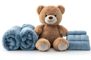 Wall Mural - a teddy bear and rolled up blankets

