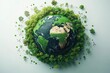 © julija - conceptual illustration of ecofriendly sustainable world with green planet earth renewable energy symbols and nature elements surrounding globe depicting environmental conservation efforts