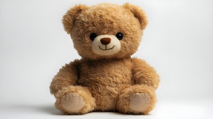 a brown teddy bear sitting on a white surface

