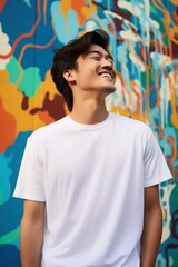 Poster - Asian American man wearing white t-shirt smile men architecture.