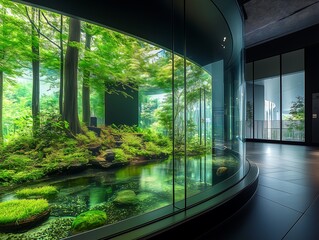 Large indoor aquarium with lush green plants and sunlight