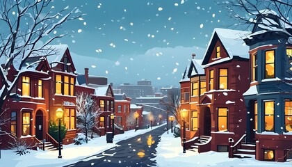 Wall Mural - Charming winter urban landscape with snow-covered streets and cozy houses during the start of the cold season