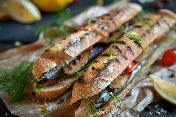 Delicious Grilled Sardine Baguettes with Fresh Vegetables and Herbs