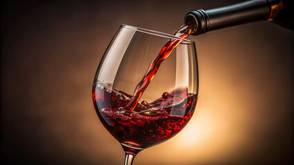 Isolated red wine pouring into a wineglass, splashing liquid 