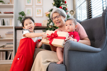 Wall Mural - Grandma is sitting in an armchair, holding her infant grandson, playfully chatting with him in the living room, which is decorated for the upcoming Christmas celebration