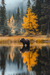 Brown bear - close encounter with a wild brown bear eating in the forest and mountains of the Notranjska region in Slovenia