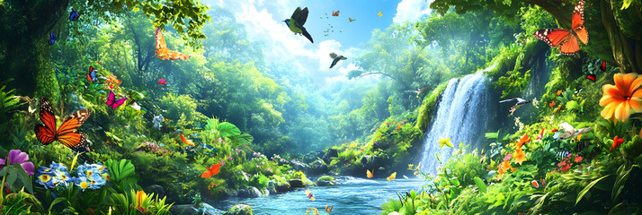 Poster -  featuringa vibrant forest with a streamm flowing through it, surrounded by lush greenery