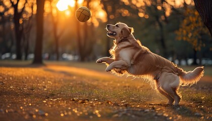 Golden retriever joyfully leaps for a ball in a park, illuminated by the warm glow of the setting sun.