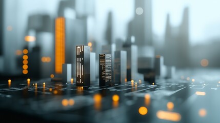 Poster - Cityscape of Innovation: A mesmerizing cityscape rendered in a futuristic style, capturing the essence of technological advancement and urban growth. The cityscape, composed of sleek