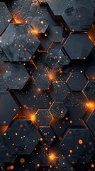 Poster - Abstract hexagonal pattern with glowing orange sparks on a dark textured background in a modern design style
