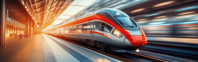 High-speed electric train moving through urban landscape