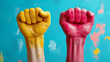 © EvgeniiasArt - Two raised fists, one yellow and one red, against a blue background.