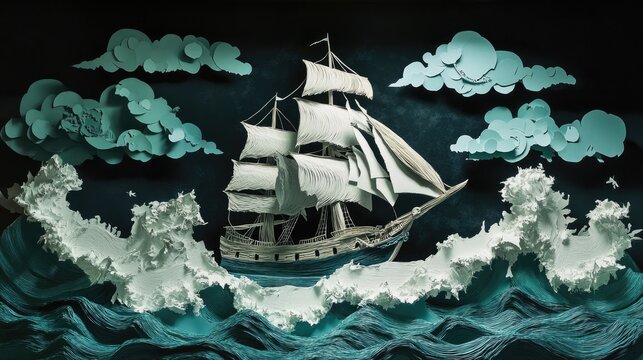A beautiful layered paper art piece showing a pirate ship on a grand adventure, navigating waves and exploring uncharted worlds.
