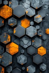 Poster - Abstract geometric pattern featuring hexagonal shapes with textured surfaces and contrasting orange highlights against a dark background