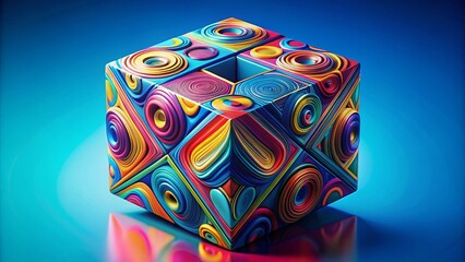 Aufkleber - A vibrant, geometric 2D cube expands into a 3D shape, bursting with colorful, swirling patterns and abstract shapes,