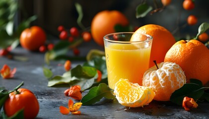 Vibrant display of freshly squeezed orange and apple juice in glasses adorned with colorful fruits and lush green leaves