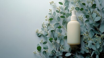 Poster - Natural skincare product surrounded by fresh green leaves on a soft background