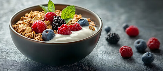 Canvas Print - Closeup shot of a bowl of delicious granola with yogurt and berries on a textured grey table perfect for including copy space image