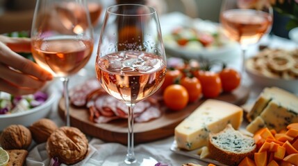 Autumn or fall season. table with wine glasses and food, hands reaching for glass of rose wine, cheese board on table, warm light, pastel colors, home interior