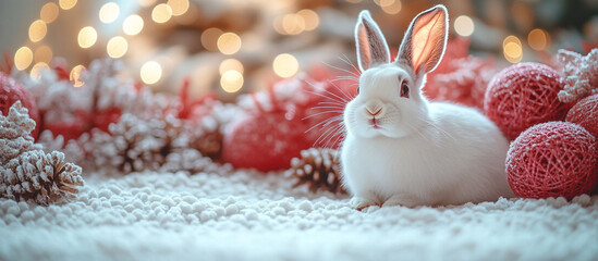 Wall Mural - white rabbit on red background