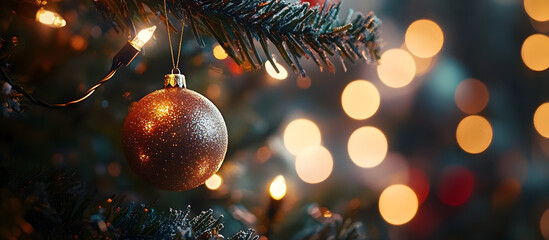 Christmas themed close up decoration with ball and light bulb bokeh on a festive tree at night perfect as a copy space image