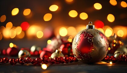 festive red and gold christmas ornaments adorned with shimmering bokeh lights creating a warm holida