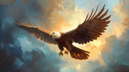 Baby eagle practicing flying,light,Fairy tale,oil painting