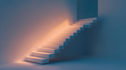 A minimalist staircase rises into a softly illuminated space, creating a serene atmosphere with gentle gradients of light and shadow