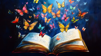 Wall Mural - An open book with colorful butterflies flying out of it, creating an enchanting and magical atmosphere. The background is dark blue, adding depth to the scene. This painting symbolizes knowledge, crea