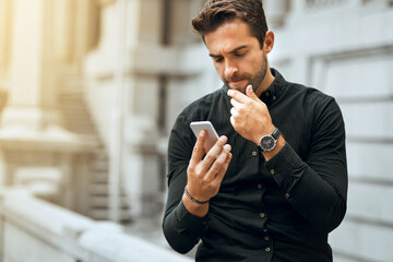 Aufkleber - Thinking, phone and confused with man in city for communication, social media or connection. Networking, newsletter and location app with person and mobile in downtown for search, digital or internet