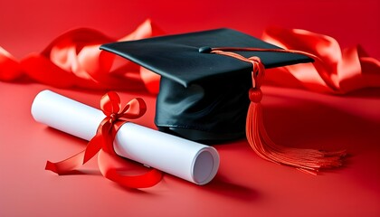 Celebration of Academic Achievements with Graduation Cap, Diploma, and Red Ribbon on Vibrant Red Background