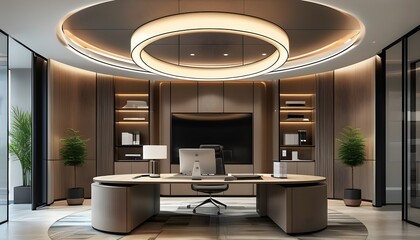 Poster - Contemporary office space featuring sleek circular light fixtures and minimalist design elements.