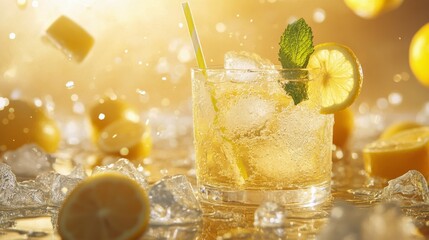 Canvas Print - Refreshing lemon drink with mint served over ice on a sunny day with bright background