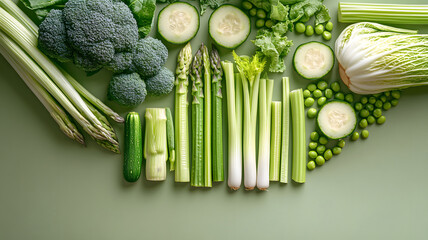 Wall Mural - Knolling of spring vegetables: isolated light green backdrop. 