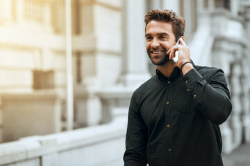 Poster - Phone call, talking or happy man in city walking for vacation travel for sightseeing, explore or adventure. Mobile, conversation or person speaking in urban town for weekend, fashion or fun solo trip