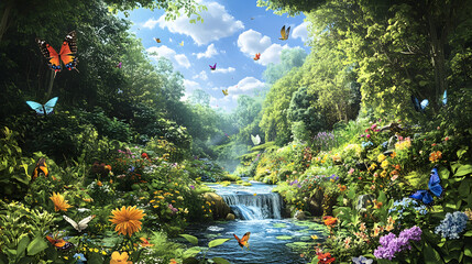 Wall Mural -  featuringa vibrant forest with a streamm flowing through it, surrounded by lush greenery